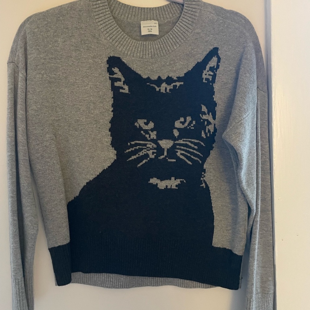 Abercrombie and Fitch Gray Sweater with Black Cat Design